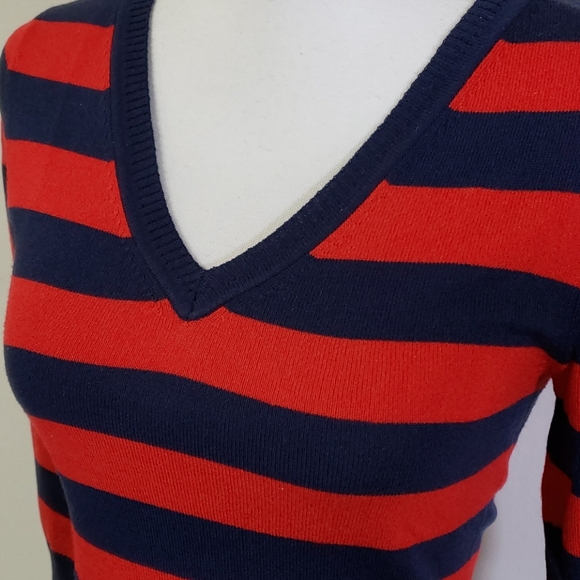 Striped Red and Blue V Neck Sweater Fitted - Picture 4 of 6